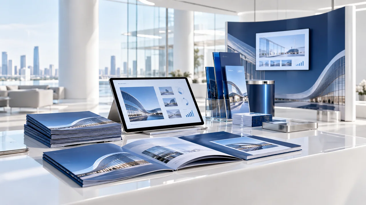 A coordinated sales presentation kit with blue brochures, tablet and exhibition materials