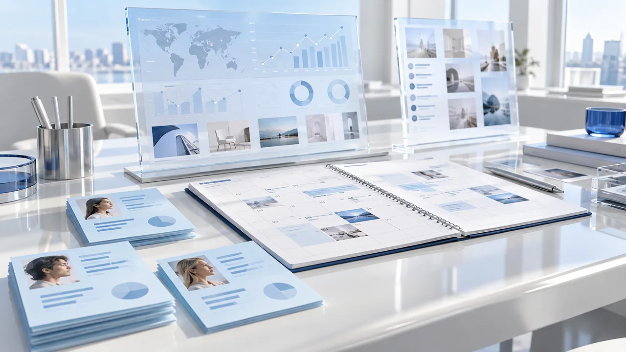 A marketing planning desk with calendar layouts and pale blue audience research cards