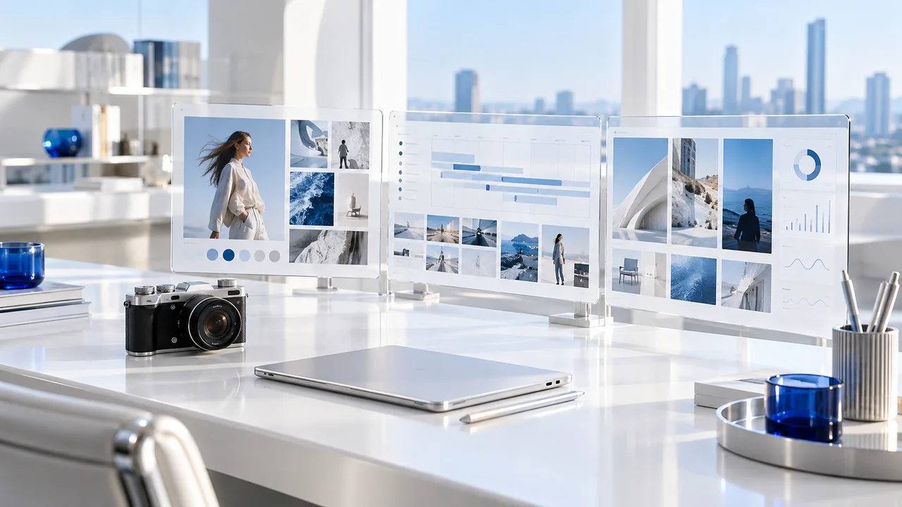 Bright futuristic studio illustrating marketing & communications strategy, systems and business outcomes