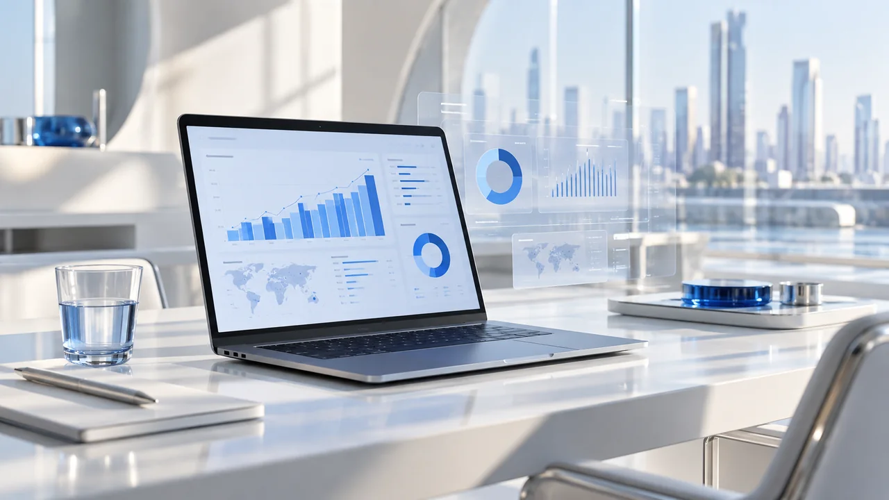 A slim laptop displaying blue campaign analytics in a sunlit office