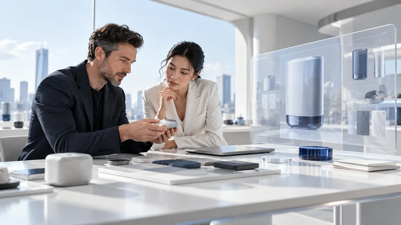 Two business professionals reviewing product samples and a presentation in a sunlit meeting room