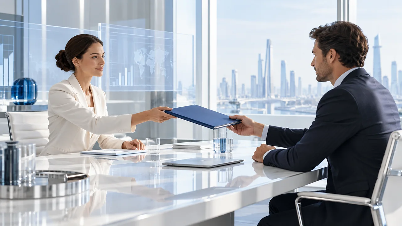 Two professionals exchanging a blue business folder across a refined conference table