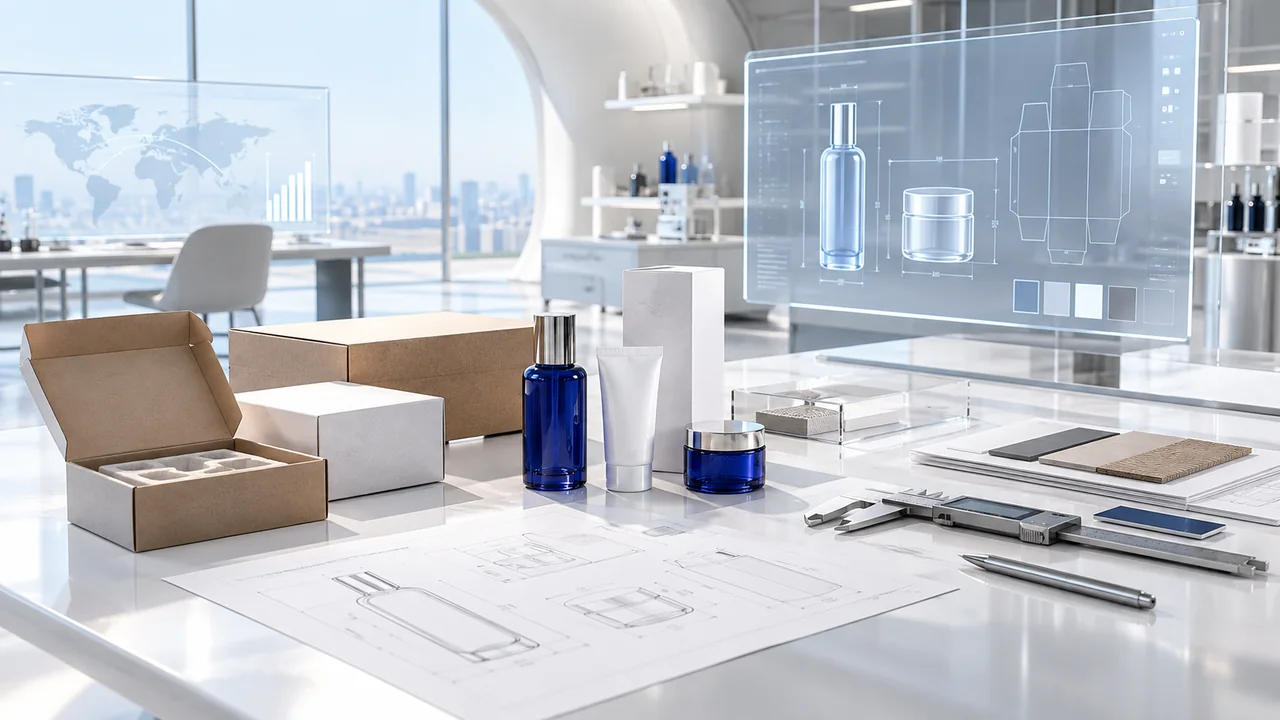 Export sample packaging, technical sheets and measuring tools in a bright business workspace