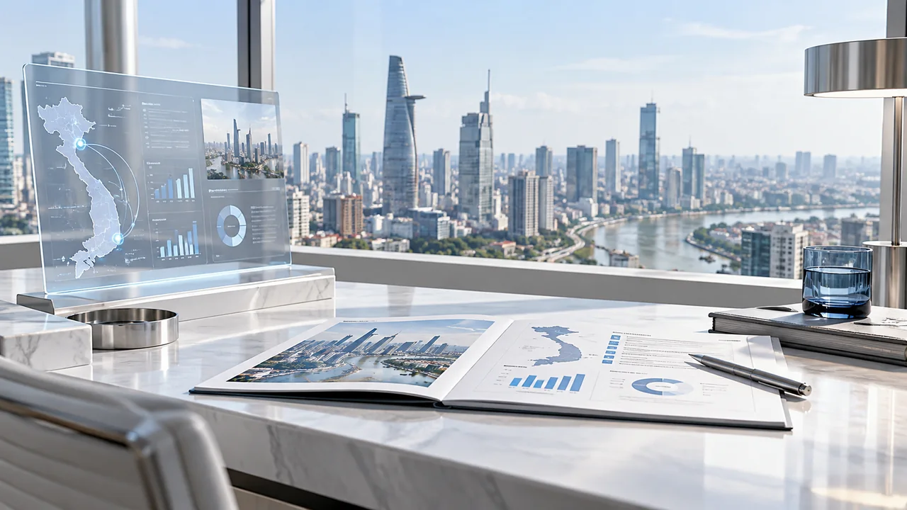 A market entry brief on an office desk overlooking the Ho Chi Minh City skyline