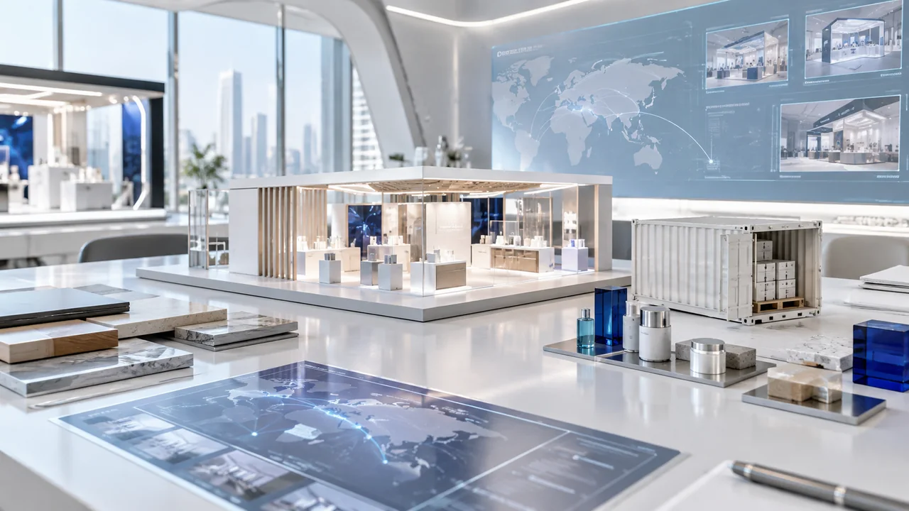 Bright futuristic studio illustrating trade promotion & business development strategy, systems and business outcomes