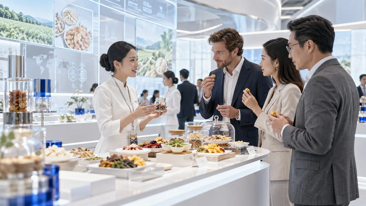 Professionals presenting food samples to buyers at a bright trade exhibition booth in Vietnam